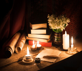 Still life from ancient book and lush boquet