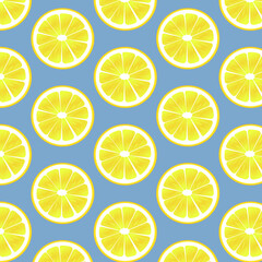Fototapeta premium Seamless pattern of lemons on blue background. Lemon pattern print. Vector yellow lemon pattern. Slices of fresh yellow lemon summer background