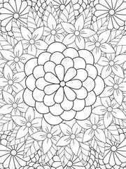 Outline vector drawing of flowers for adult coloring books. Page of floral pattern in black and white