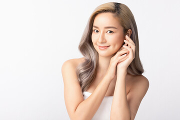 Fototapeta premium Happy beautiful young asian woman clean fresh bare skin concept. Asian girl beauty face skincare and health wellness, Facial treatment, Perfect skin, Natural make up. Isolated on white background.