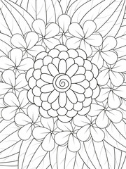 Outline vector drawings of flowers for adult coloring books. Page of floral pattern in black and white