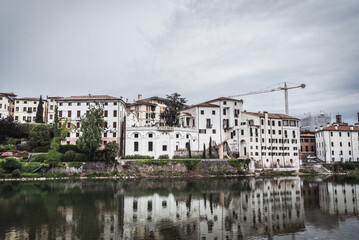 Fototapeta na wymiar View of the Sturm Palace with the Brenta River in Bassano del Grappa, Vicenza, Veneto, Italy, Europe