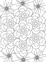 Outline vector drawings of flowers for adult coloring books. Page of floral pattern in black and white