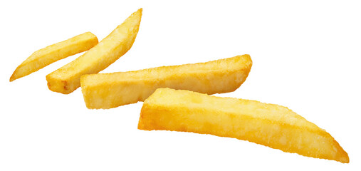 Flying potato fries, isolated on white background