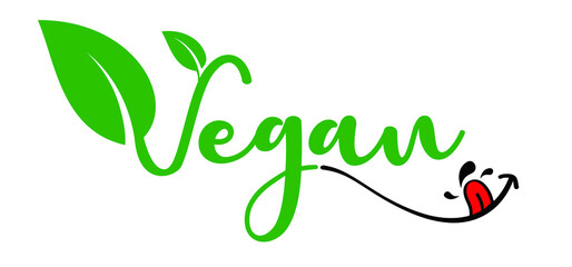 Yummy smile. Organic vegan with leaves, Bio, eco icon or symbol. lactose free, vegan, no meat, healthy, fresh food. Green logo. Vegetarian healthy food. Nature, ecology. veganism, delicious and  hungr