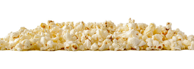 Heap of popcorn isolated on white background. Popcorn banner.