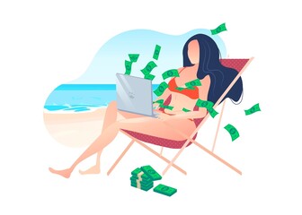 A girl in a bathing suit is lying on a sun lounger against the backdrop of the beach, money is flying into her from a laptop. Work and travel.
