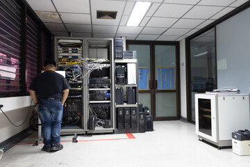 IT technical problem in server room with data connection visual effect .