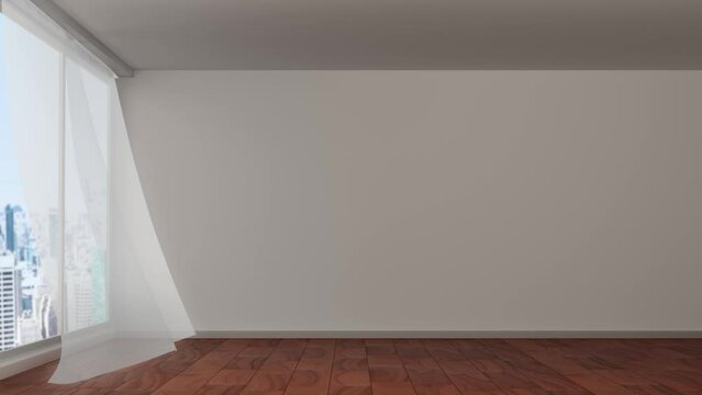 Seamless loop. Minimalist interior and modern frame with parquet. Empty room background for product presentation.View from the skyscraper window. Interior 4k stock footage 