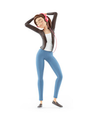 3d cartoon woman dancing and listening music