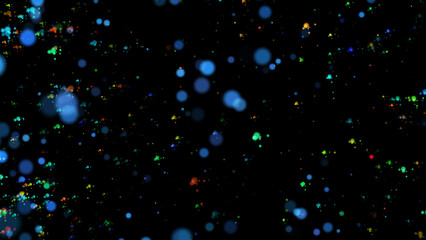 Abstract bokeh background. Multi-colored particles in a strong wind, randomly moving in space. 3D. 4K. Isolated black background.