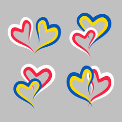 Connecting two hearts in the colors of Polish and Ukrainian flags.  Poland helps Ukraine. Blue yellow heart shaped ribbon. Patriotic and togetherness concept. Pray for Ukraine. 