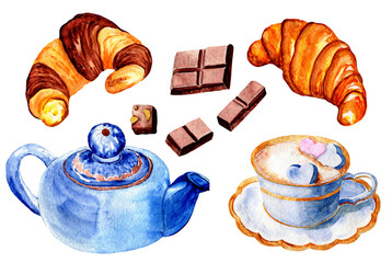 Watercolor food sketch of morning breakfast with teapot, cup of coffee, croissants and sweets