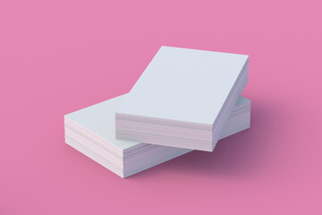 Lot of white blank business cards on pink background. 3d render