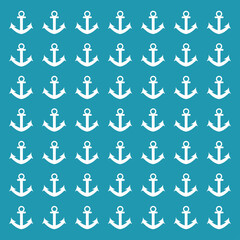 White anchors pattern on ocean blue background	