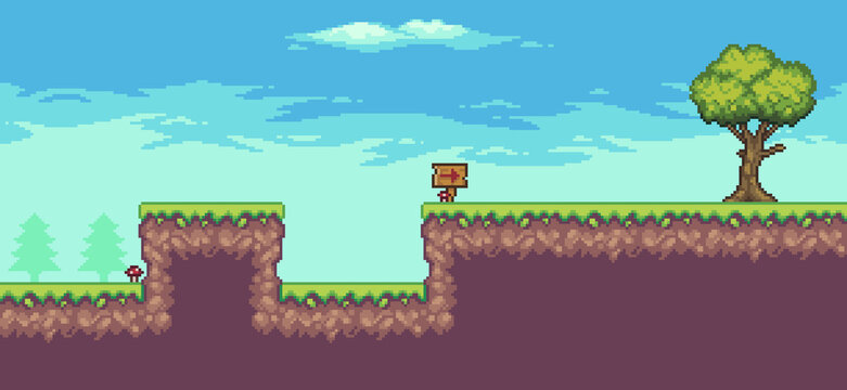 Pixel art arcade game scene with trees, wooden board and clouds 8 bit vector background
