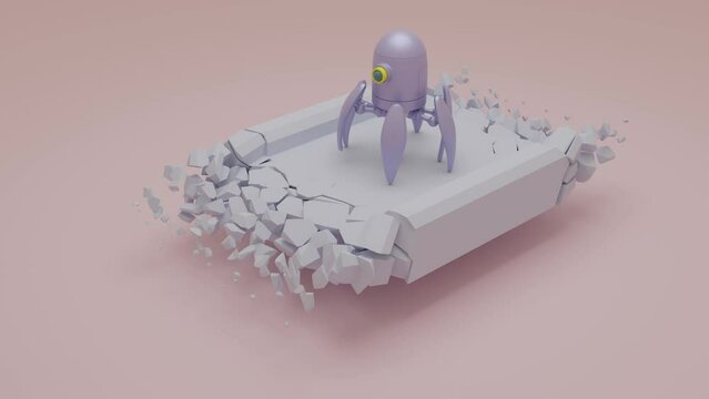 3d animation of a spider robot that moves along a collapsing road. The road in front of the robot appears out of nowhere. The idea of the unknown of tomorrow and the development of robotics.