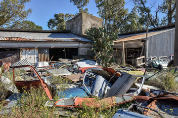  Old damaged cars in the junkyard. Car graveyard. Car doors.