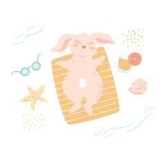 Little rabbit lying on blanket. Cute bunny on vacation on the beach, cocktail with orange slice, shell, starfish, sunglasses, waves, sand texture. Vector illustration, summer weekend, baby animal.