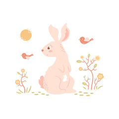 Cute cartoon rabbit. Bunny walking on nature, abstract summer or spring season with birds and flowers isolated on white background. Vector illustration, kids story with animal
