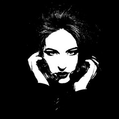Beauty, style and fashion concept. Beautiful woman abstract white face silhouette illustration in black background. Model with evening makeup holding her hairs with hands and looking to camera