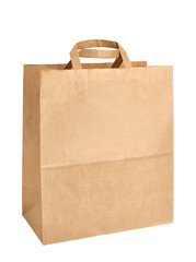 Paper bag with handles kraft paper close-up, isolated on white background