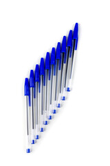 Blue writing pens, angled group of office supplies new with caps isolated over white