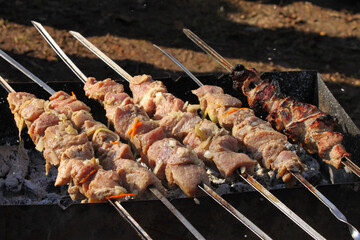 pork shish kebab on skewers is cooked on coals in the grill