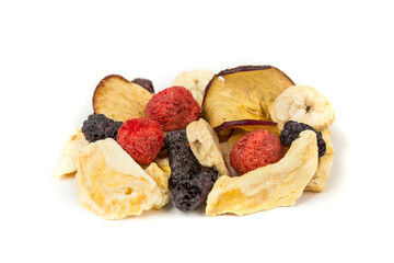 Freeze dried strawberry, blackberry, raspberry, apple, mango and banana pieces isolated over white. Top down view