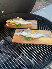 Gegrillter Fisch, Dorade vom Grill mit Zitrone auf Buchenbrettchen