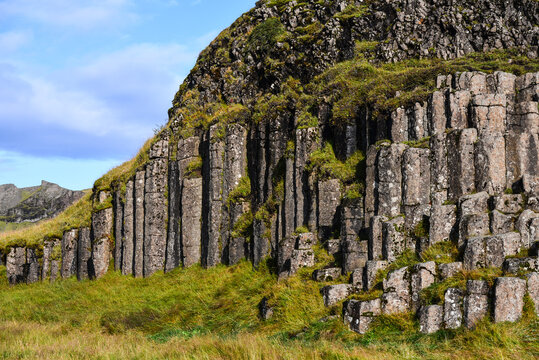 The basalt columns of Dverghamrar not far from the Ring Road, or Route One, near Foss á Síðu and the village of Kirkjubaejarklaustur, south coast of Iceland