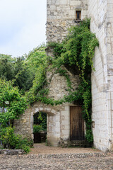 Medieval castle wall and entrance to garden with climbing plants along the wall and a door