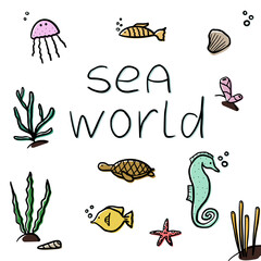 Set of underwater inhabitants doodle style, vector illustration isolated on white background. Fishes, seaweeds, shells and words. Sea world concept, black outline
