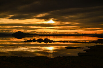 Sunset on Lake Mývatn from the village of Reykjahlid, northern Iceland