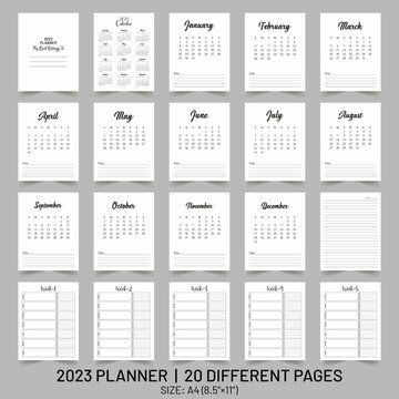 2023 Planner Template.  Daily, Weekly, Monthly Planner 2023 With Calendar. 20 different pages in the 2023 Planner for KDP Interior.