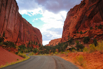 The Burr Trail road winding through the red rock walls of Long Canyon, Grand Staircase-Escalante National Monument, Utah, USA