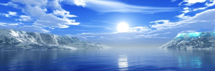 Icebergs in the ocean, arctic ocean, ice in the sea, 3d rendering