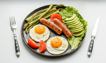 A delicious nourishing breakfast with fried eggs, sausages, asparagus, tomatoes, avocado, spices and herbs