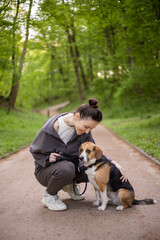 Naklejka na ściany i meble young woman with a cute beagle dog