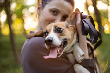 young woman with a cute beagle dog