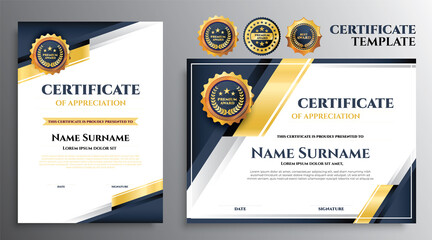 Luxury Certificate Template. Royal Geometric Golden Certificate. Premium Diploma Certificate Course Abstract Design Template. Professional Skill Certificates Template with Badges