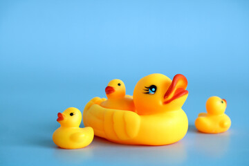 rubber duck with ducklings on a blue.