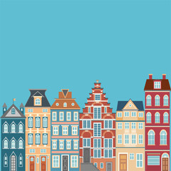 European city street. West european styled buildings. Facades with doors, windows and design elements. Vector design for card, wallpaper...