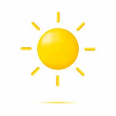 Yellow sun with rays render. 3d cartoon weather icon. Glowing star in minimal style. Sunny day sign. Template design for web or mobile app, infographic. Vector illustration