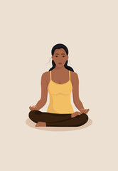 Yoga. Meditating black girl with dark hair and 
simple face. Meditation, relax, healthy and wellness lifestyle. Mental health. Meditating black woman