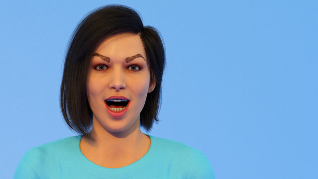 surprised woman open mouth surprise cartoon on blue background 3D illustration
