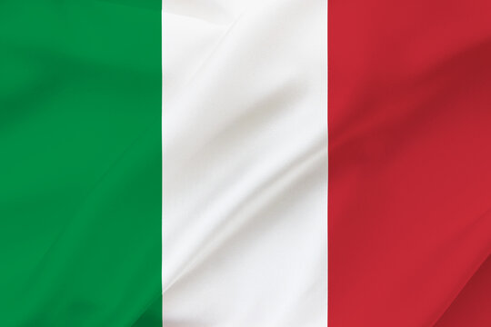 Italy flag on waving silk background. Fabric texture.