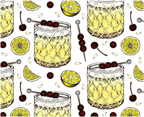 Sketch drawing pattern of Whiskey Sour cocktail isolated on white background. Engraved alcohol drink in glass, yellow lemon, red brandied cherry, bourbon. Bar menu wallpaper. Vector illustration. - 506129728