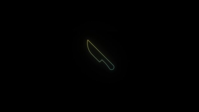 Glowing neon knife icon on black background. devices for cutting products. 4K video animation for motion graphics and compositing.