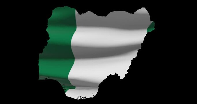 Nigeria country map outline with national flag animation. Alpha channel footage